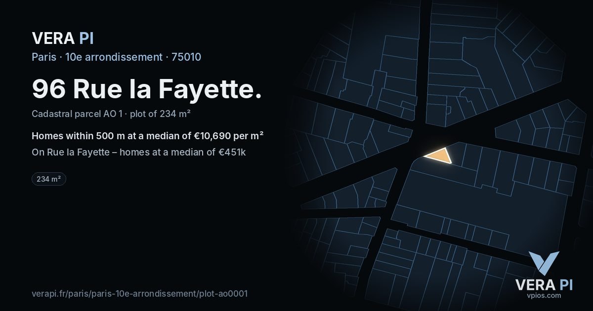 96 Rue la Fayette, 10e arrondissement at night – the plot lit, the parcels around coloured by the prices near them