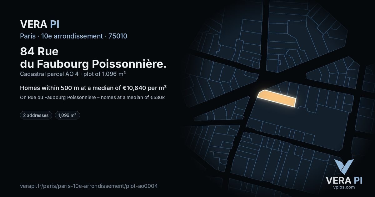 84 Rue du Faubourg Poissonnière, 10e arrondissement at night – the plot lit, the parcels around coloured by the prices near them
