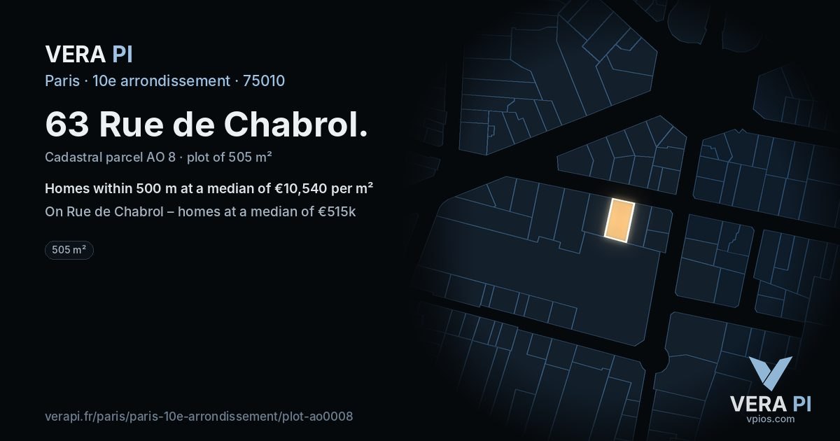 63 Rue de Chabrol, 10e arrondissement at night – the plot lit, the parcels around coloured by the prices near them