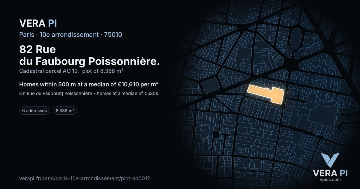 82 Rue du Faubourg Poissonnière, 10e arrondissement at night – the plot lit, the parcels around coloured by the prices near them