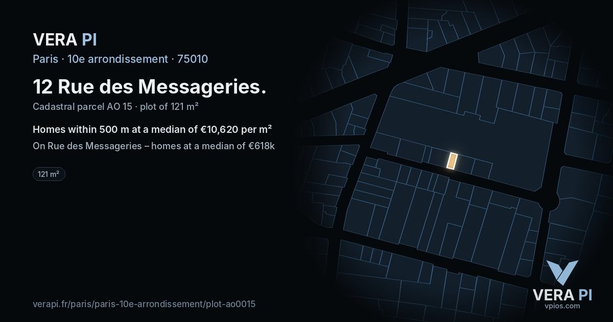 12 Rue des Messageries, 10e arrondissement at night – the plot lit, the parcels around coloured by the prices near them