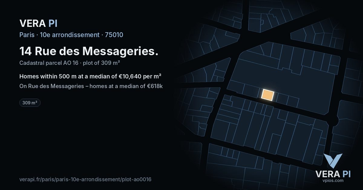 14 Rue des Messageries, 10e arrondissement at night – the plot lit, the parcels around coloured by the prices near them