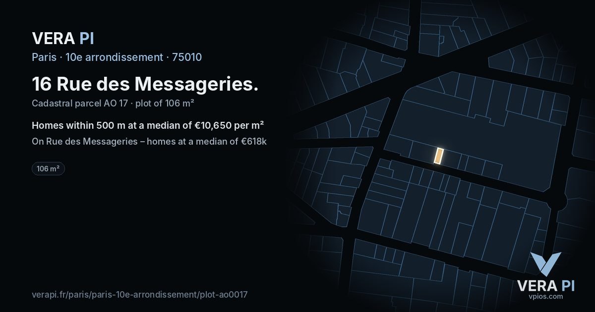16 Rue des Messageries, 10e arrondissement at night – the plot lit, the parcels around coloured by the prices near them