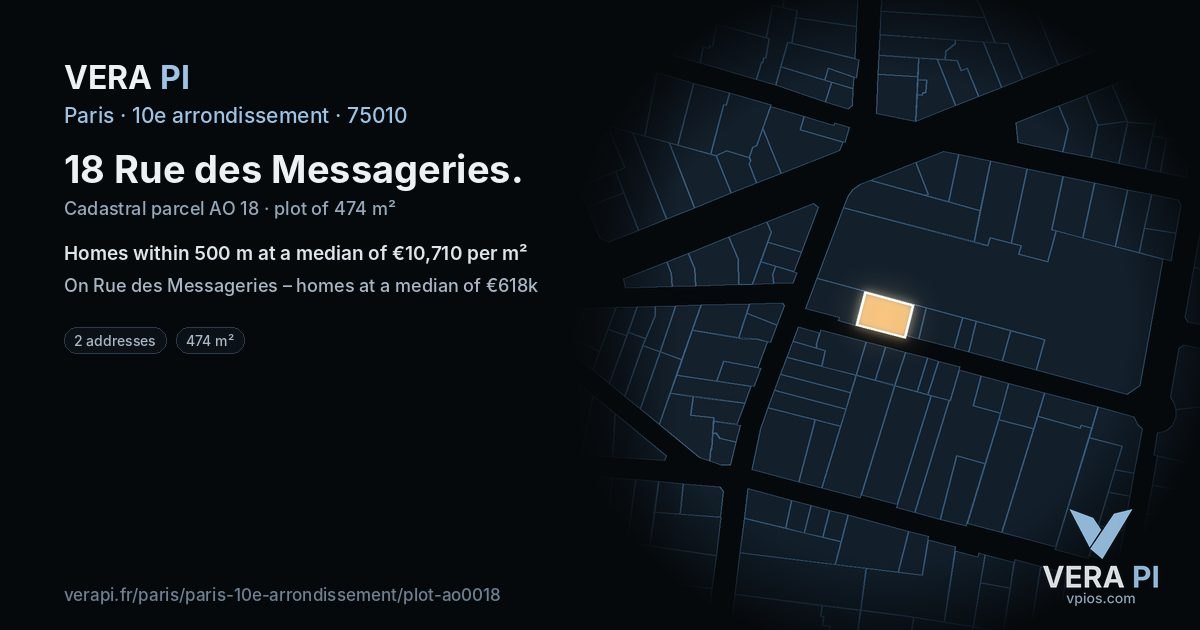 18 Rue des Messageries, 10e arrondissement at night – the plot lit, the parcels around coloured by the prices near them