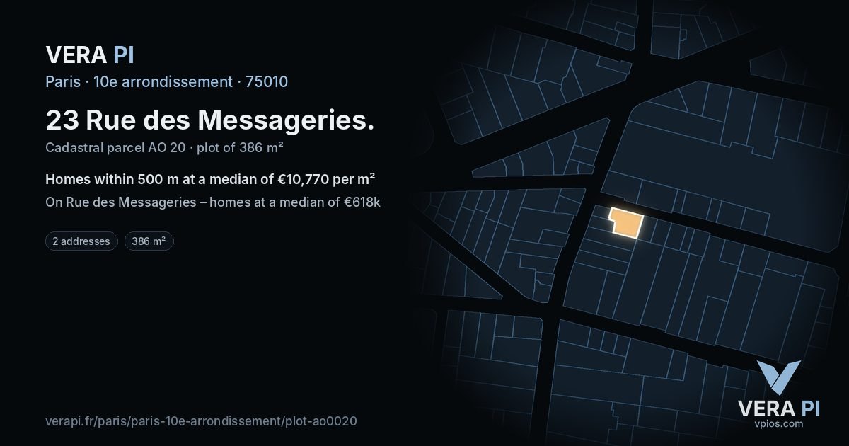 23 Rue des Messageries, 10e arrondissement at night – the plot lit, the parcels around coloured by the prices near them