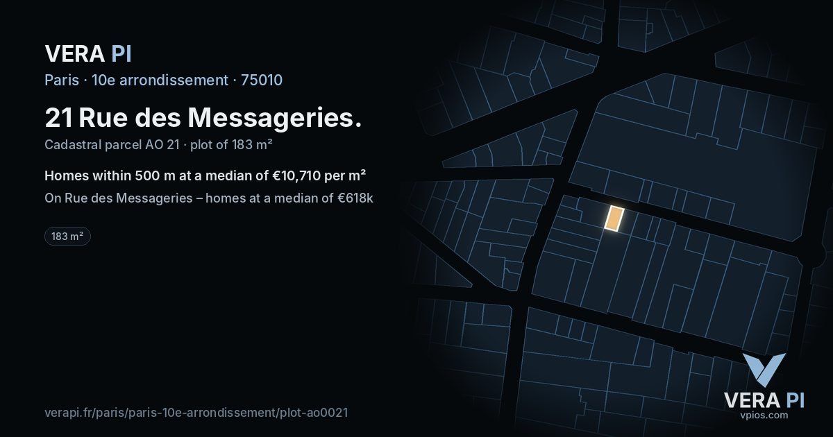 21 Rue des Messageries, 10e arrondissement at night – the plot lit, the parcels around coloured by the prices near them