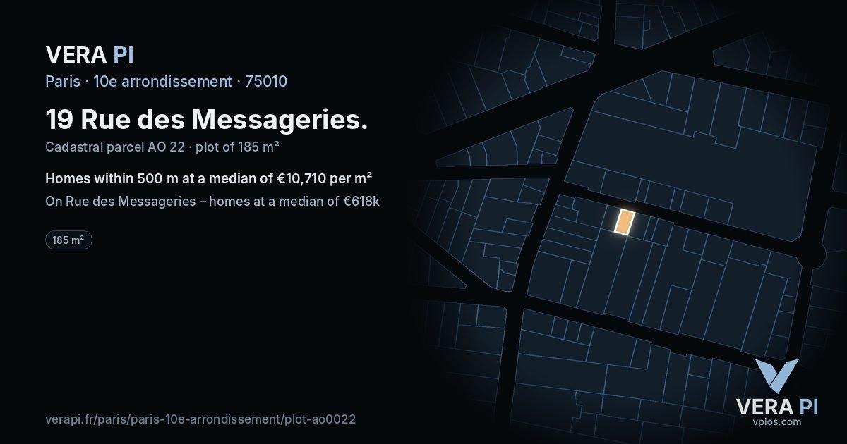 19 Rue des Messageries, 10e arrondissement at night – the plot lit, the parcels around coloured by the prices near them