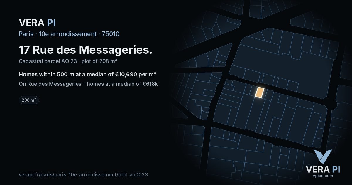 17 Rue des Messageries, 10e arrondissement at night – the plot lit, the parcels around coloured by the prices near them