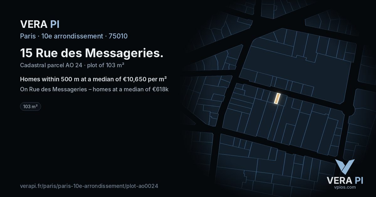 15 Rue des Messageries, 10e arrondissement at night – the plot lit, the parcels around coloured by the prices near them