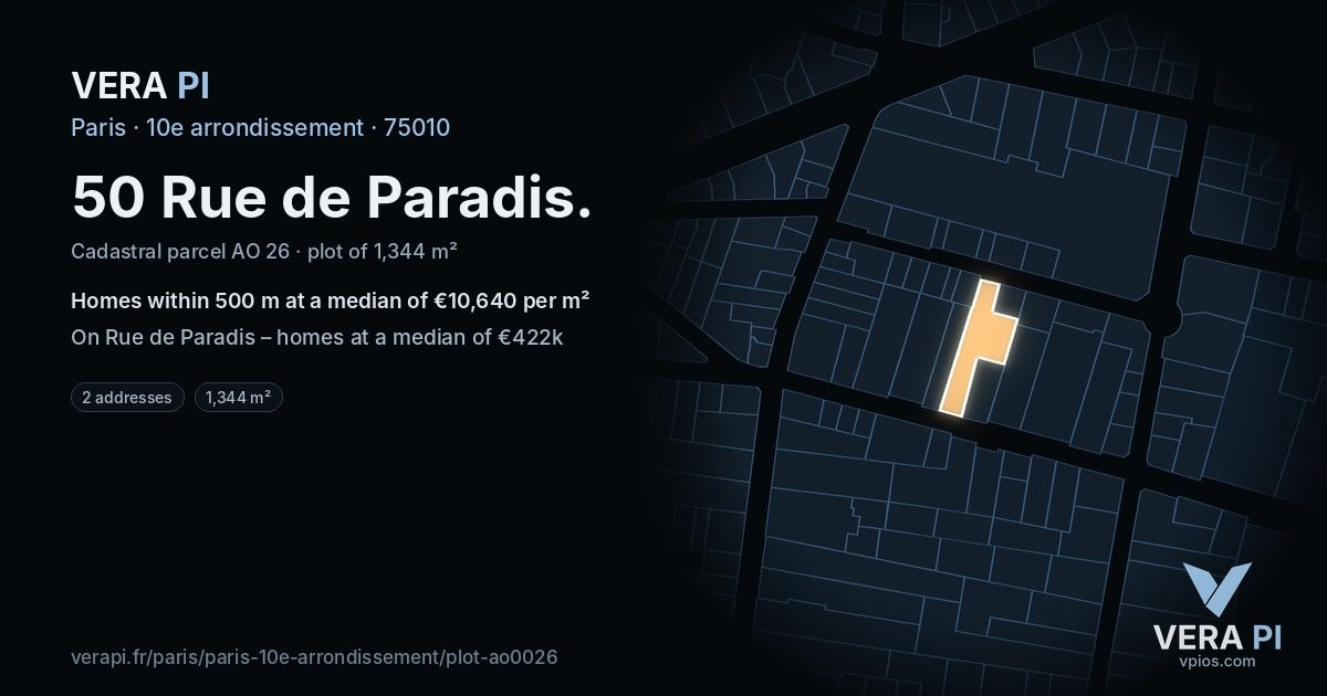 50 Rue de Paradis, 10e arrondissement at night – the plot lit, the parcels around coloured by the prices near them