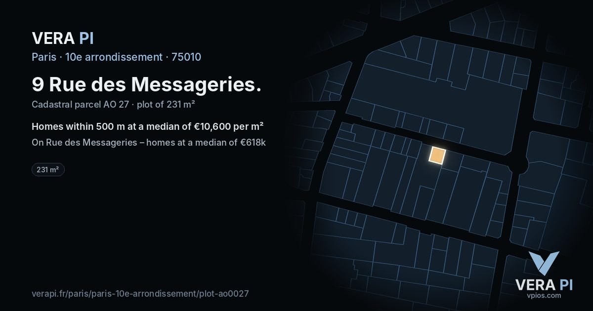 9 Rue des Messageries, 10e arrondissement at night – the plot lit, the parcels around coloured by the prices near them