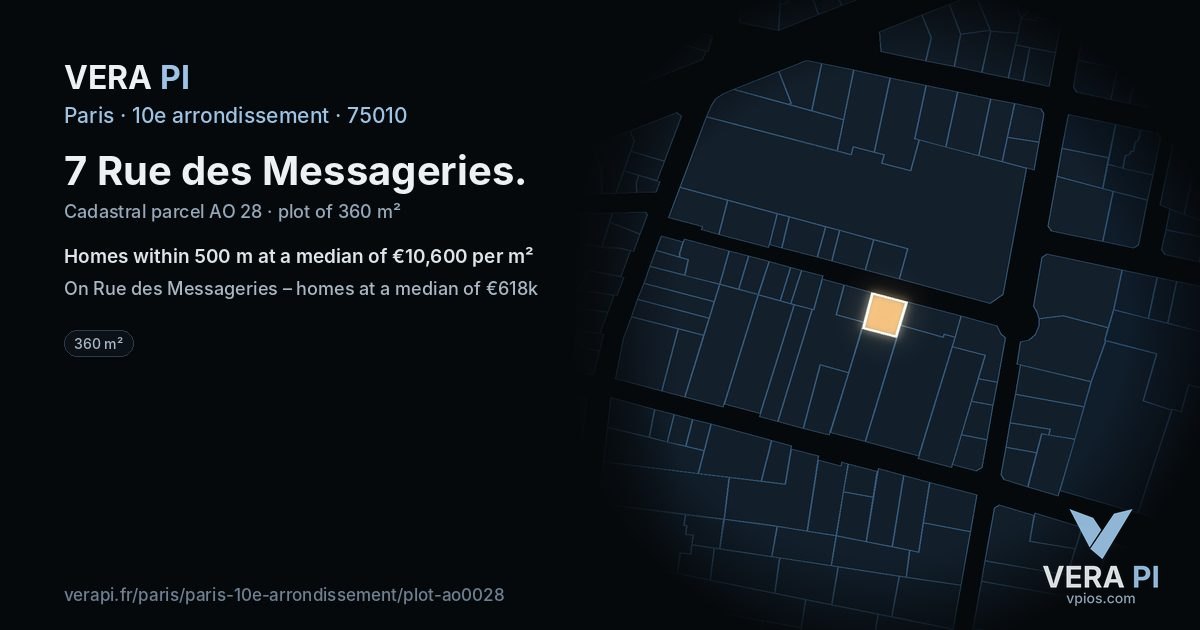 7 Rue des Messageries, 10e arrondissement at night – the plot lit, the parcels around coloured by the prices near them