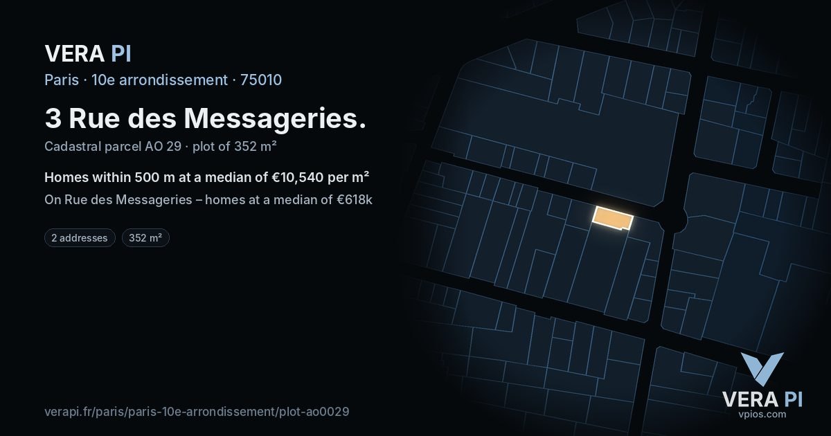 3 Rue des Messageries, 10e arrondissement at night – the plot lit, the parcels around coloured by the prices near them