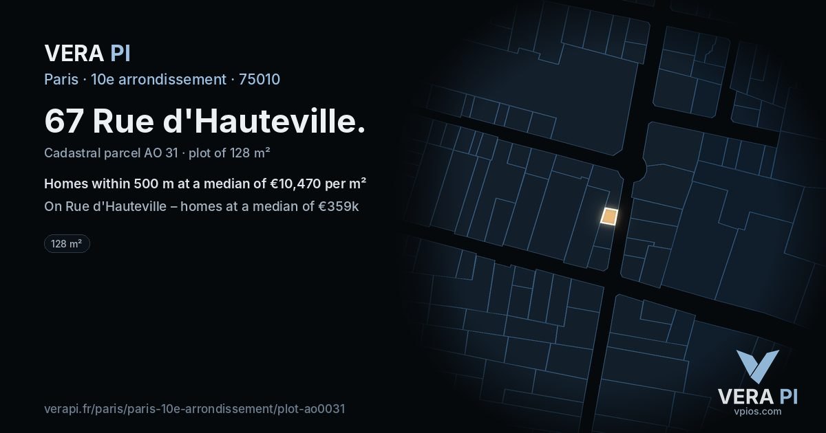 67 Rue d'Hauteville, 10e arrondissement at night – the plot lit, the parcels around coloured by the prices near them