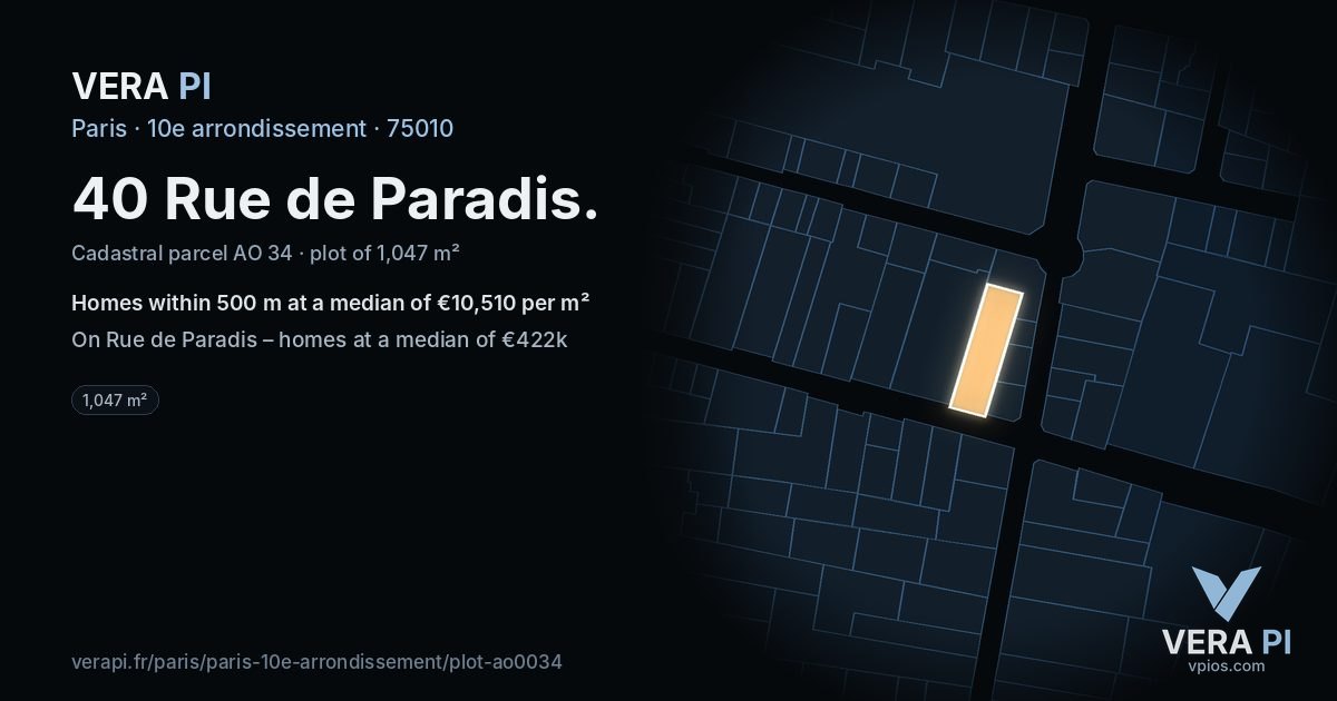 40 Rue de Paradis, 10e arrondissement at night – the plot lit, the parcels around coloured by the prices near them