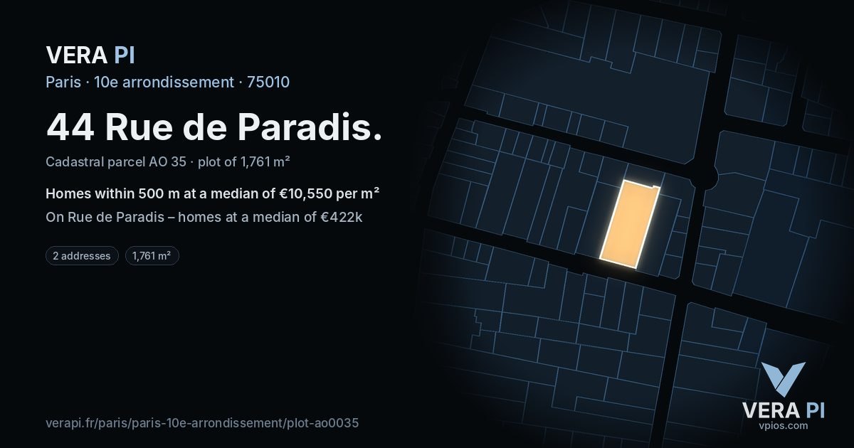 44 Rue de Paradis, 10e arrondissement at night – the plot lit, the parcels around coloured by the prices near them
