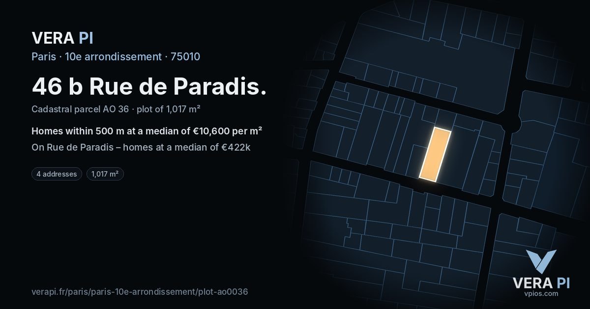 46 b Rue de Paradis, 10e arrondissement at night – the plot lit, the parcels around coloured by the prices near them