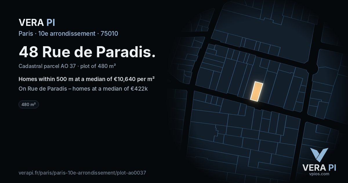 48 Rue de Paradis, 10e arrondissement at night – the plot lit, the parcels around coloured by the prices near them