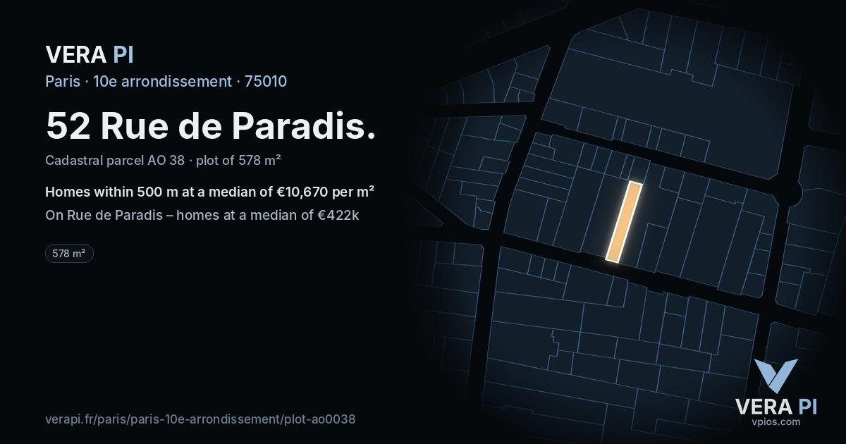 52 Rue de Paradis, 10e arrondissement at night – the plot lit, the parcels around coloured by the prices near them