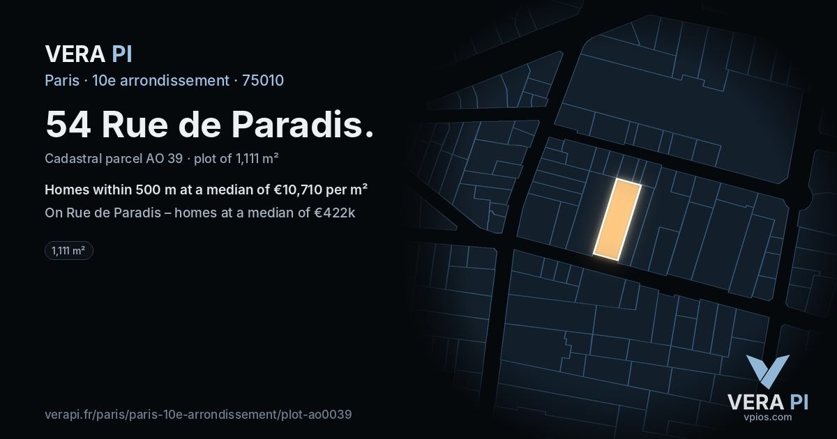 54 Rue de Paradis, 10e arrondissement at night – the plot lit, the parcels around coloured by the prices near them