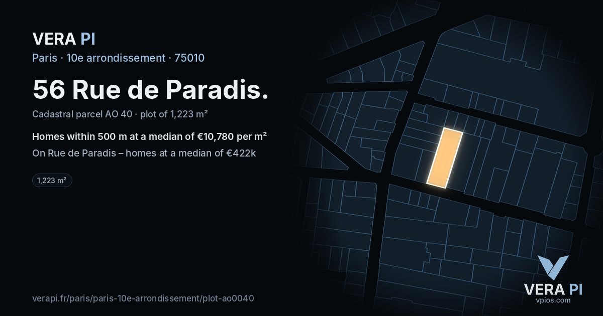 56 Rue de Paradis, 10e arrondissement at night – the plot lit, the parcels around coloured by the prices near them