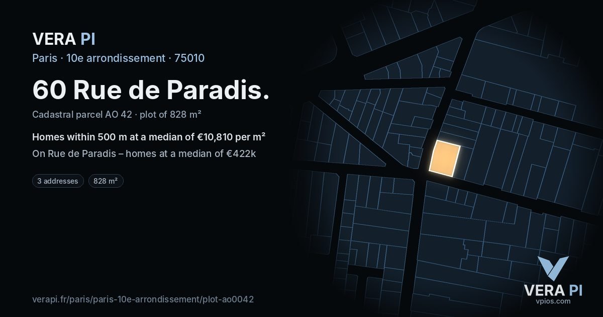 60 Rue de Paradis, 10e arrondissement at night – the plot lit, the parcels around coloured by the prices near them