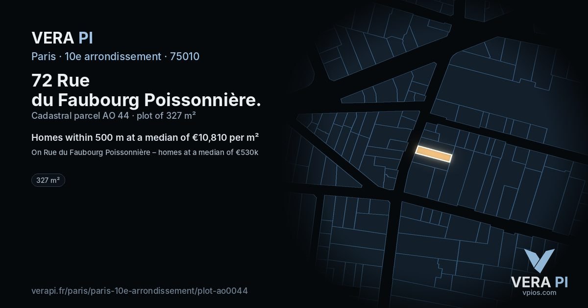 72 Rue du Faubourg Poissonnière, 10e arrondissement at night – the plot lit, the parcels around coloured by the prices near them