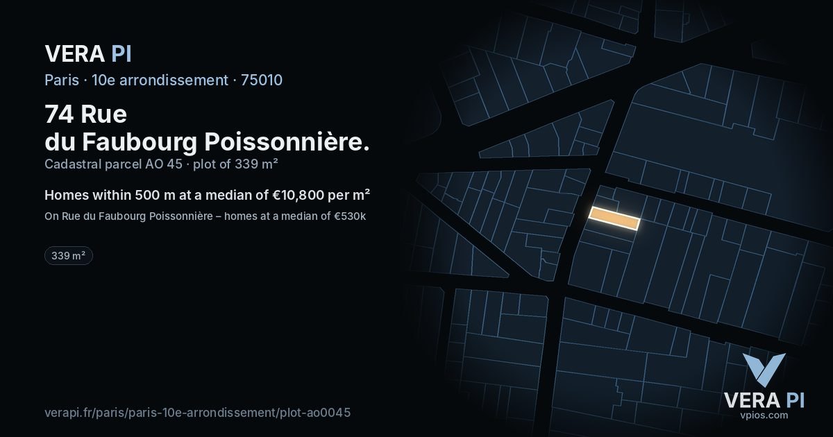 74 Rue du Faubourg Poissonnière, 10e arrondissement at night – the plot lit, the parcels around coloured by the prices near them