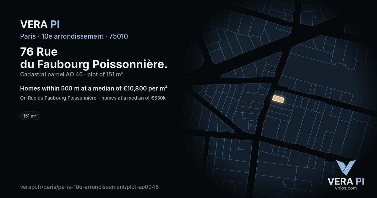 76 Rue du Faubourg Poissonnière, 10e arrondissement at night – the plot lit, the parcels around coloured by the prices near them