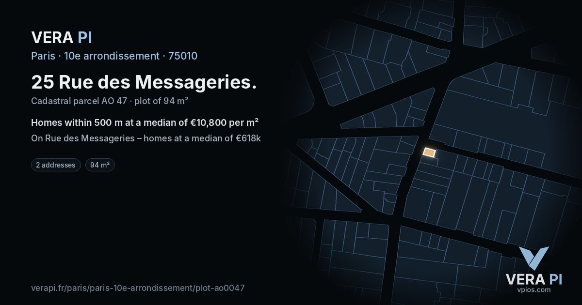 25 Rue des Messageries, 10e arrondissement at night – the plot lit, the parcels around coloured by the prices near them