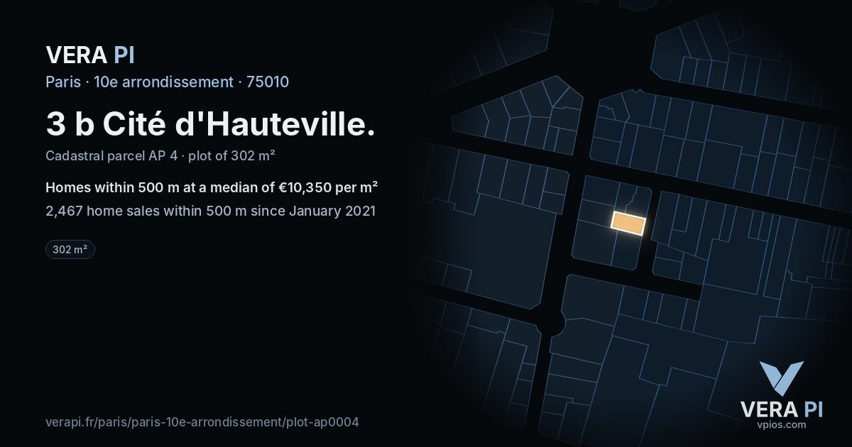 3 b Cité d'Hauteville, 10e arrondissement at night – the plot lit, the parcels around coloured by the prices near them