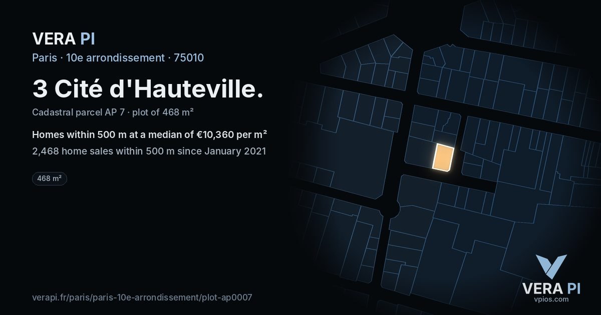 3 Cité d'Hauteville, 10e arrondissement at night – the plot lit, the parcels around coloured by the prices near them