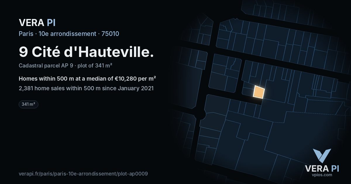 9 Cité d'Hauteville, 10e arrondissement at night – the plot lit, the parcels around coloured by the prices near them