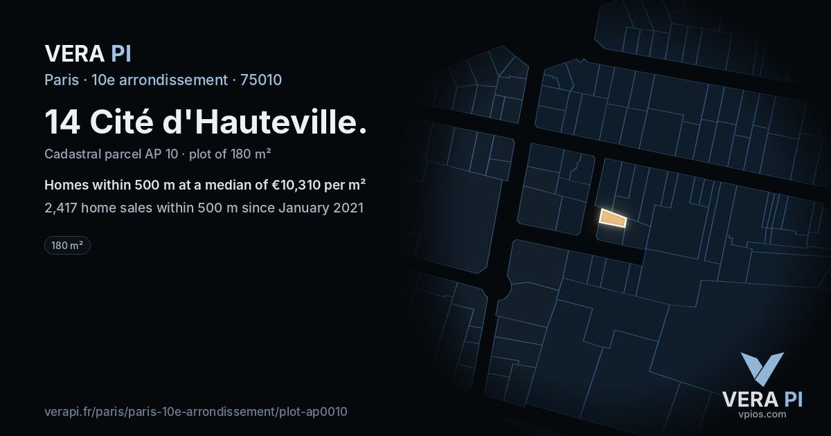14 Cité d'Hauteville, 10e arrondissement at night – the plot lit, the parcels around coloured by the prices near them
