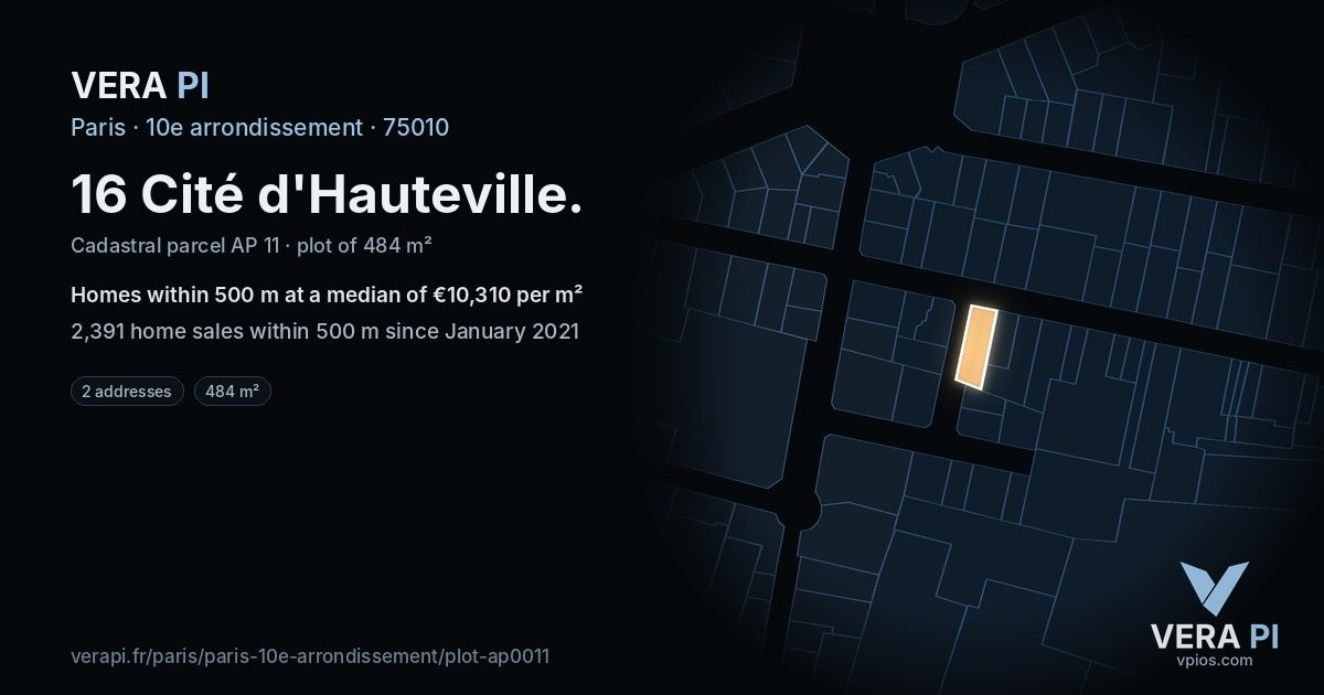 16 Cité d'Hauteville, 10e arrondissement at night – the plot lit, the parcels around coloured by the prices near them