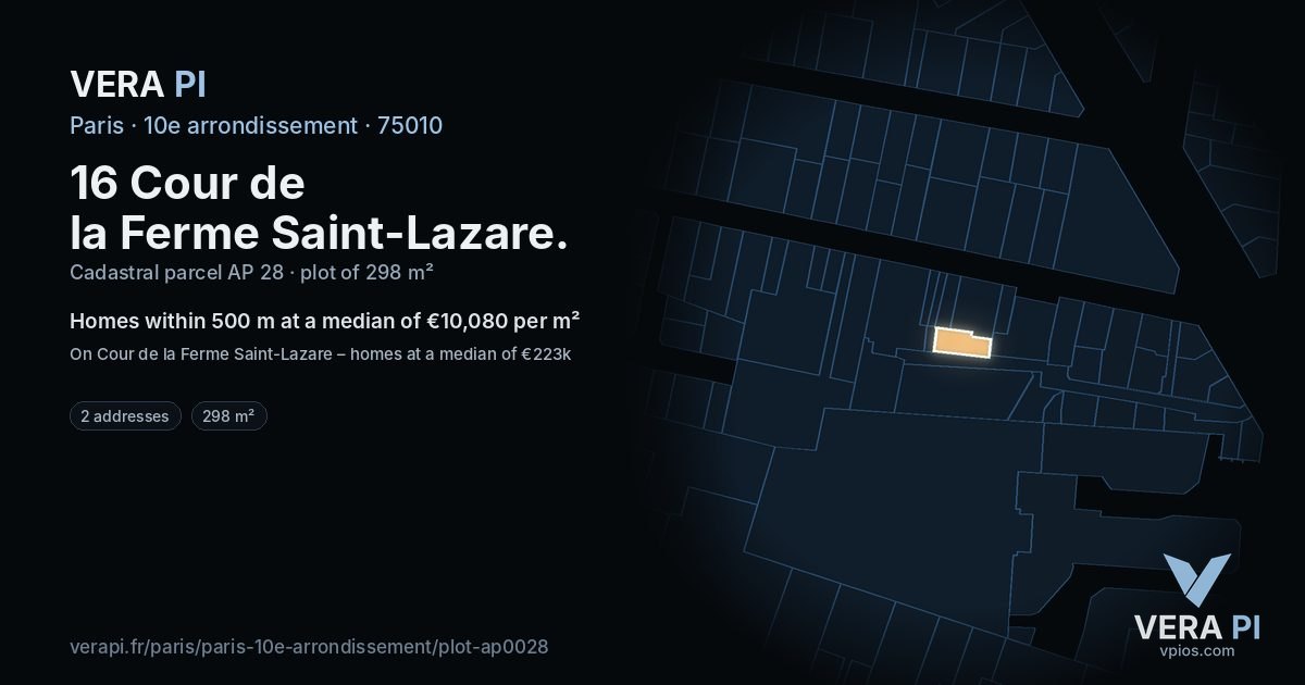 16 Cour de la Ferme Saint-Lazare, 10e arrondissement at night – the plot lit, the parcels around coloured by the prices near them