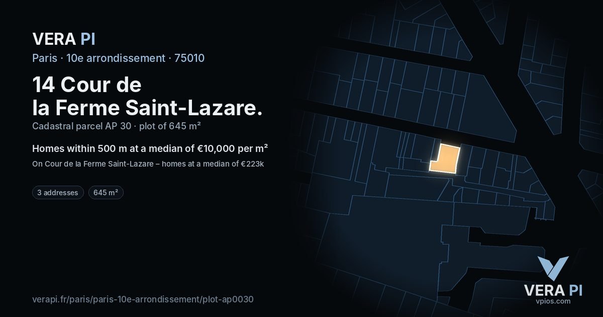 14 Cour de la Ferme Saint-Lazare, 10e arrondissement at night – the plot lit, the parcels around coloured by the prices near them