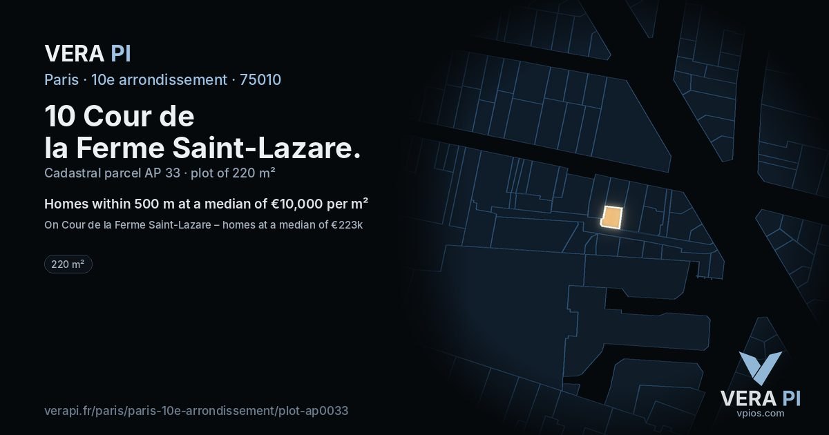 10 Cour de la Ferme Saint-Lazare, 10e arrondissement at night – the plot lit, the parcels around coloured by the prices near them