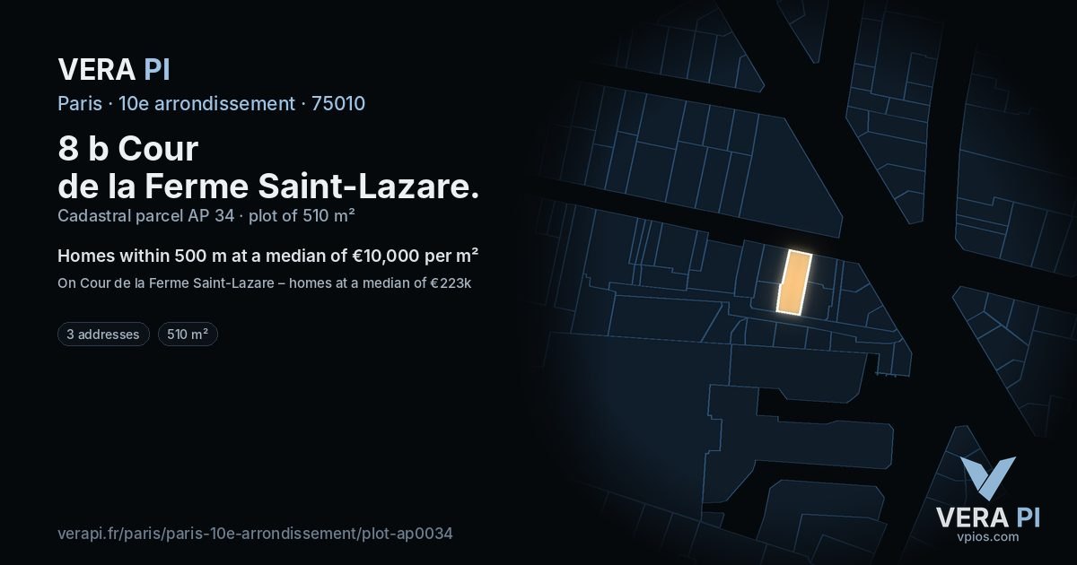 8 b Cour de la Ferme Saint-Lazare, 10e arrondissement at night – the plot lit, the parcels around coloured by the prices near them