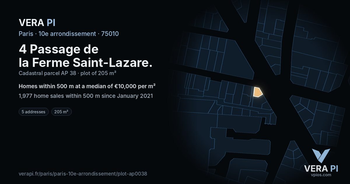 4 Passage de la Ferme Saint-Lazare, 10e arrondissement at night – the plot lit, the parcels around coloured by the prices near them