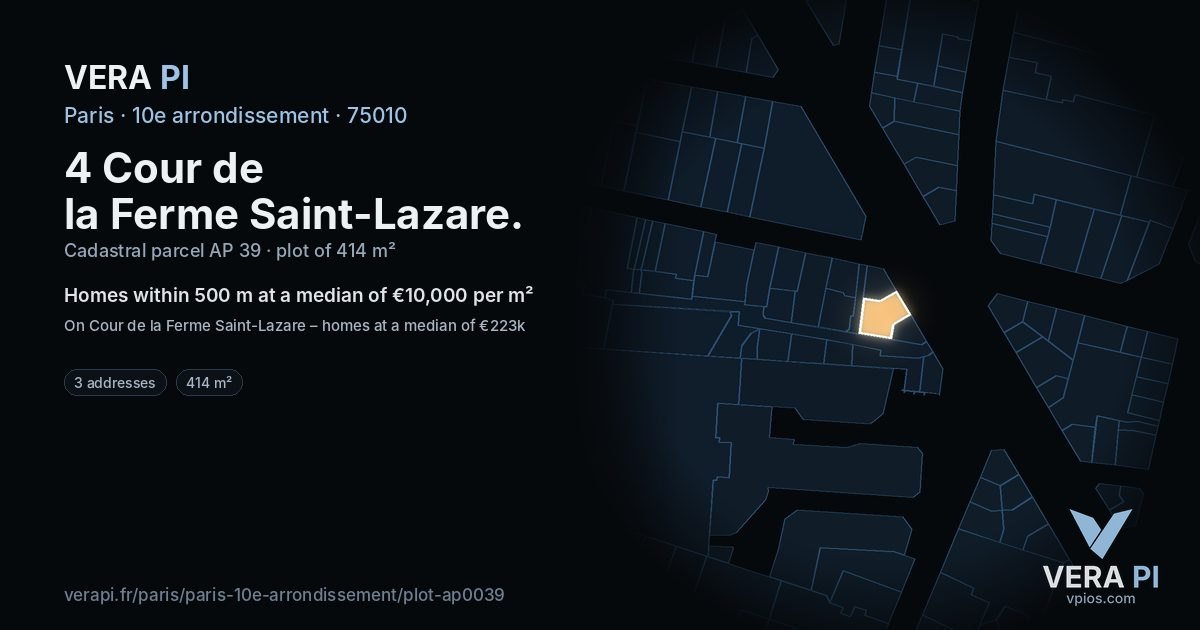 4 Cour de la Ferme Saint-Lazare, 10e arrondissement at night – the plot lit, the parcels around coloured by the prices near them
