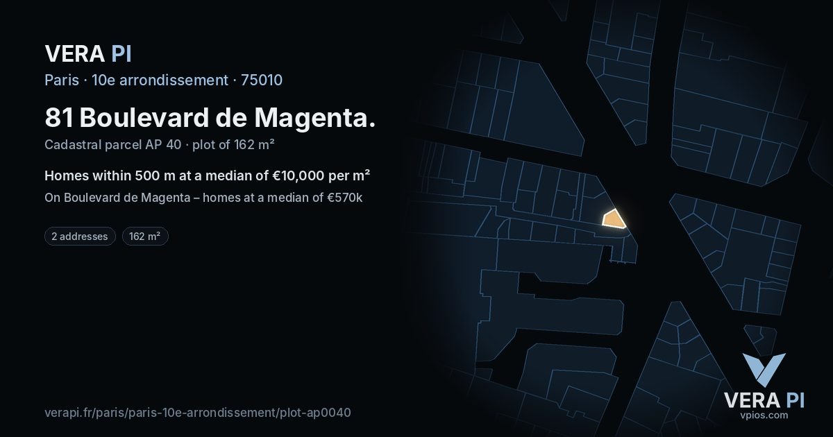 81 Boulevard de Magenta, 10e arrondissement at night – the plot lit, the parcels around coloured by the prices near them