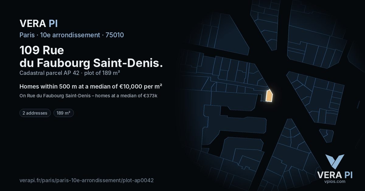 109 Rue du Faubourg Saint-Denis, 10e arrondissement at night – the plot lit, the parcels around coloured by the prices near them