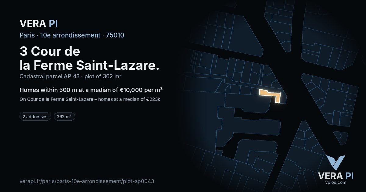 3 Cour de la Ferme Saint-Lazare, 10e arrondissement at night – the plot lit, the parcels around coloured by the prices near them