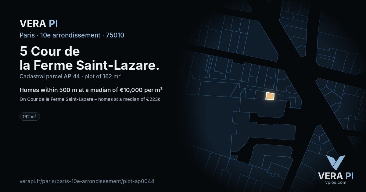 5 Cour de la Ferme Saint-Lazare, 10e arrondissement at night – the plot lit, the parcels around coloured by the prices near them