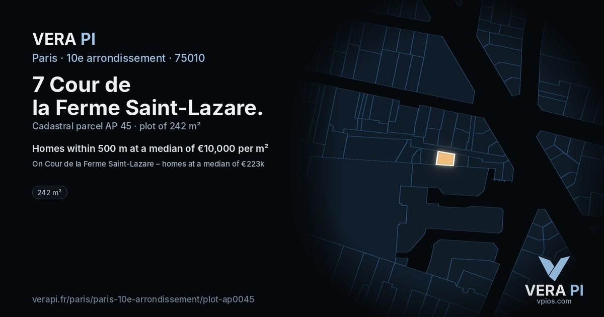 7 Cour de la Ferme Saint-Lazare, 10e arrondissement at night – the plot lit, the parcels around coloured by the prices near them