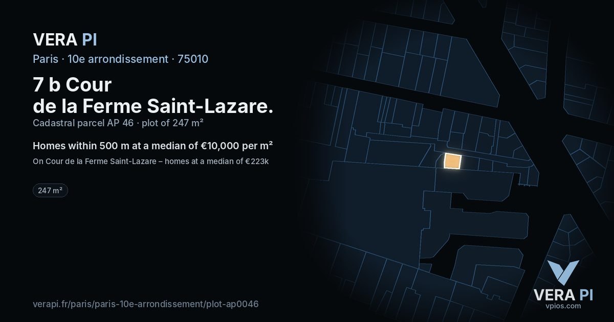 7 b Cour de la Ferme Saint-Lazare, 10e arrondissement at night – the plot lit, the parcels around coloured by the prices near them