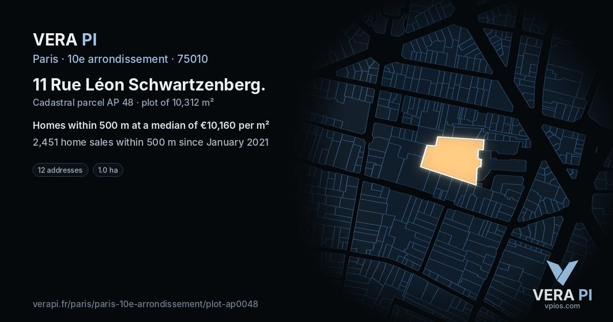 11 Rue Léon Schwartzenberg, 10e arrondissement at night – the plot lit, the parcels around coloured by the prices near them