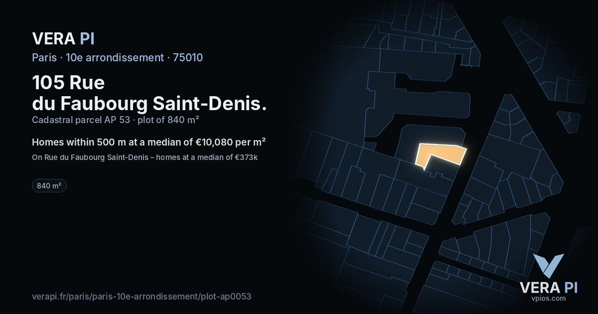 105 Rue du Faubourg Saint-Denis, 10e arrondissement at night – the plot lit, the parcels around coloured by the prices near them