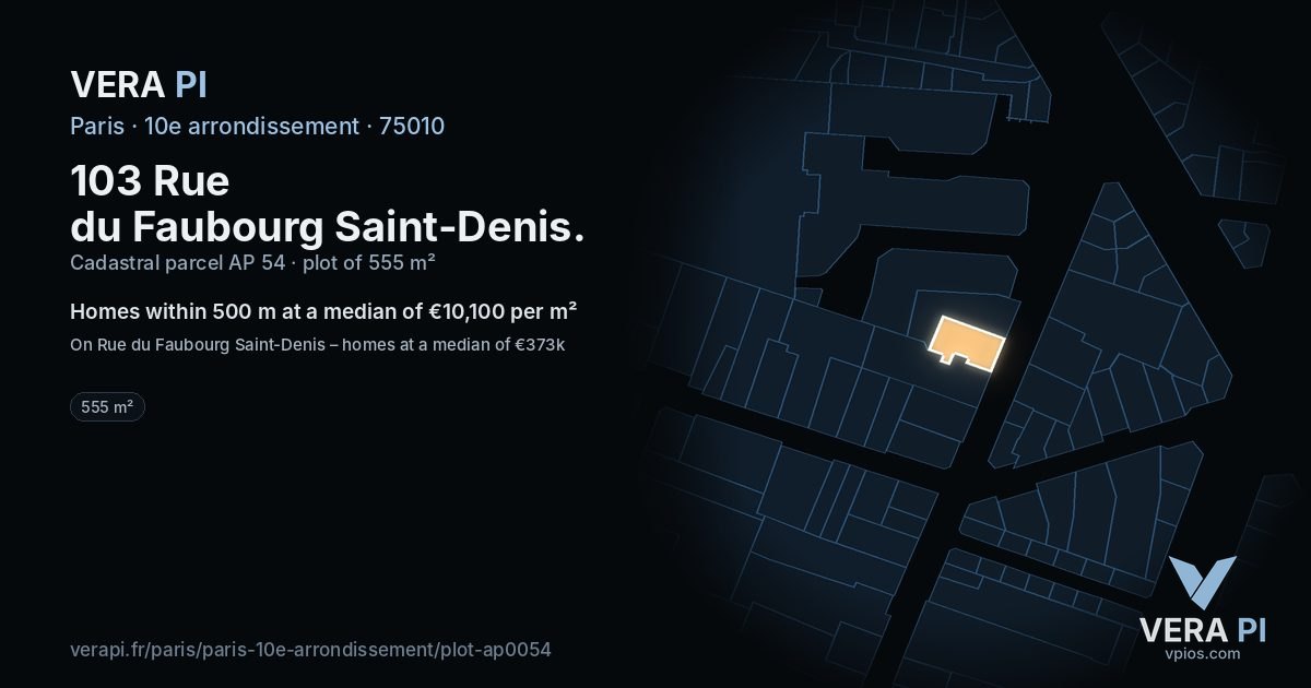 103 Rue du Faubourg Saint-Denis, 10e arrondissement at night – the plot lit, the parcels around coloured by the prices near them
